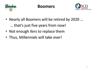 Boomers
• Nearly all Boomers will be retired by 2020 …
… that’s just five years from now!
• Not enough Xers to replace them
• Thus, Millennials will take over!
17
 