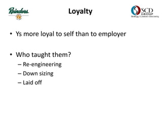 Loyalty
• Ys more loyal to self than to employer
• Who taught them?
– Re-engineering
– Down sizing
– Laid off
 