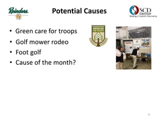 Potential Causes
31
• Golf mower rodeo
• Foot golf
• Cause of the month?
• Green care for troops
 