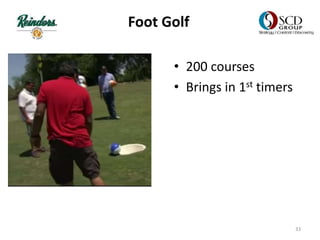 Foot Golf
• 200 courses
• Brings in 1st timers
33
 
