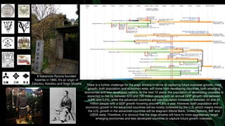 # Sakamoto Ryoma founded
Kaientai in 1865. It’s an origin of
Zaibutsu, Keiretsu and Sogo Shosha There is a further challenge for the sogo shosha in terms of capturing future overseas growth; most
growth, both population and economic-wise, will come from developing countries, both emerging
economies and less developed nations. In the next 10 years, the population of developing countries is
expected to rise by between 670 and 700 million people with an annual GDP growth rate between
4.8% and 5.0%, while the advanced countries will see population increase of between 20 and 40
million people with a GDP growth hovering around 1.8% a year. However, both population and
economic growth in the advanced countries will be mostly bolstered by the U.S, which means minus
the U.S. growth in the advanced countries will be stagnant (World Bank, United Nations, IMF and
USDA data). Therefore, it is obvious that the sogo shosha will have to more aggressively target
emerging economies and less developed countries to capture future growth overseas.
 