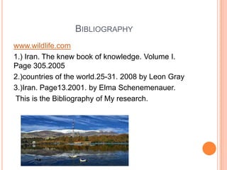 BIBLIOGRAPHY
www.wildlife.com
1.) Iran. The knew book of knowledge. Volume I.
Page 305.2005
2.)countries of the world.25-31. 2008 by Leon Gray
3.)Iran. Page13.2001. by Elma Schenemenauer.
This is the Bibliography of My research.

 