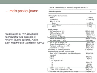 …mais pas toujours:
Presentation of HIV-associated
nephropathy and outcome in
HAART-treated patients. Naïke
Bigé, Nephrol Dial Transplant (2012)
 