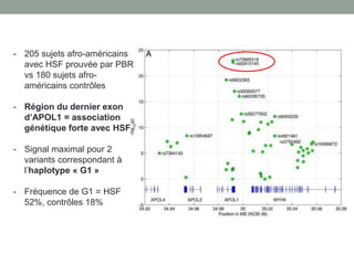- 205 sujets afro-américains
avec HSF prouvée par PBR
vs 180 sujets afro-
américains contrôles
- Région du dernier exon
d’APOL1 = association
génétique forte avec HSF
- Signal maximal pour 2
variants correspondant à
l’haplotype « G1 »
- Fréquence de G1 = HSF
52%, contrôles 18%
 