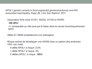 APOL1 genetic variants in focal segmental glomerulosclerosis and HIV-
associated nephropathy. Kopp JB, J Am Soc Nephrol. 2011
- Association forte entre G1/G1, G2/G2, G1/G2 et HIVAN:
OR 29%!
=> comparable au rôle joué par le tabac dans le cancer bronchopulmonaire
NPC!
- Allèle G1 384M probablement non pathogène
- Risque estimé de développer une HIVAN chez un patient afro-américain
VIH+ non traité:
- 0 allèle APOL1 à risque: 2,5%
- 1 allèle APOL1 à risque: 4%
- 2 allèles APOL1 à risque : 50%!
 