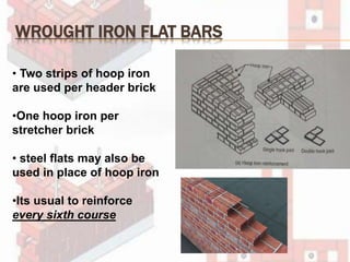 WROUGHT IRON FLAT BARS
• Two strips of hoop iron
are used per header brick
•One hoop iron per
stretcher brick
• steel flats may also be
used in place of hoop iron
•Its usual to reinforce
every sixth course
 
