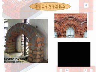 BRICK ARCHES
SEGMENTAL ARCH :
In college canteen
SEMI CIRCULAR ARCH
 
