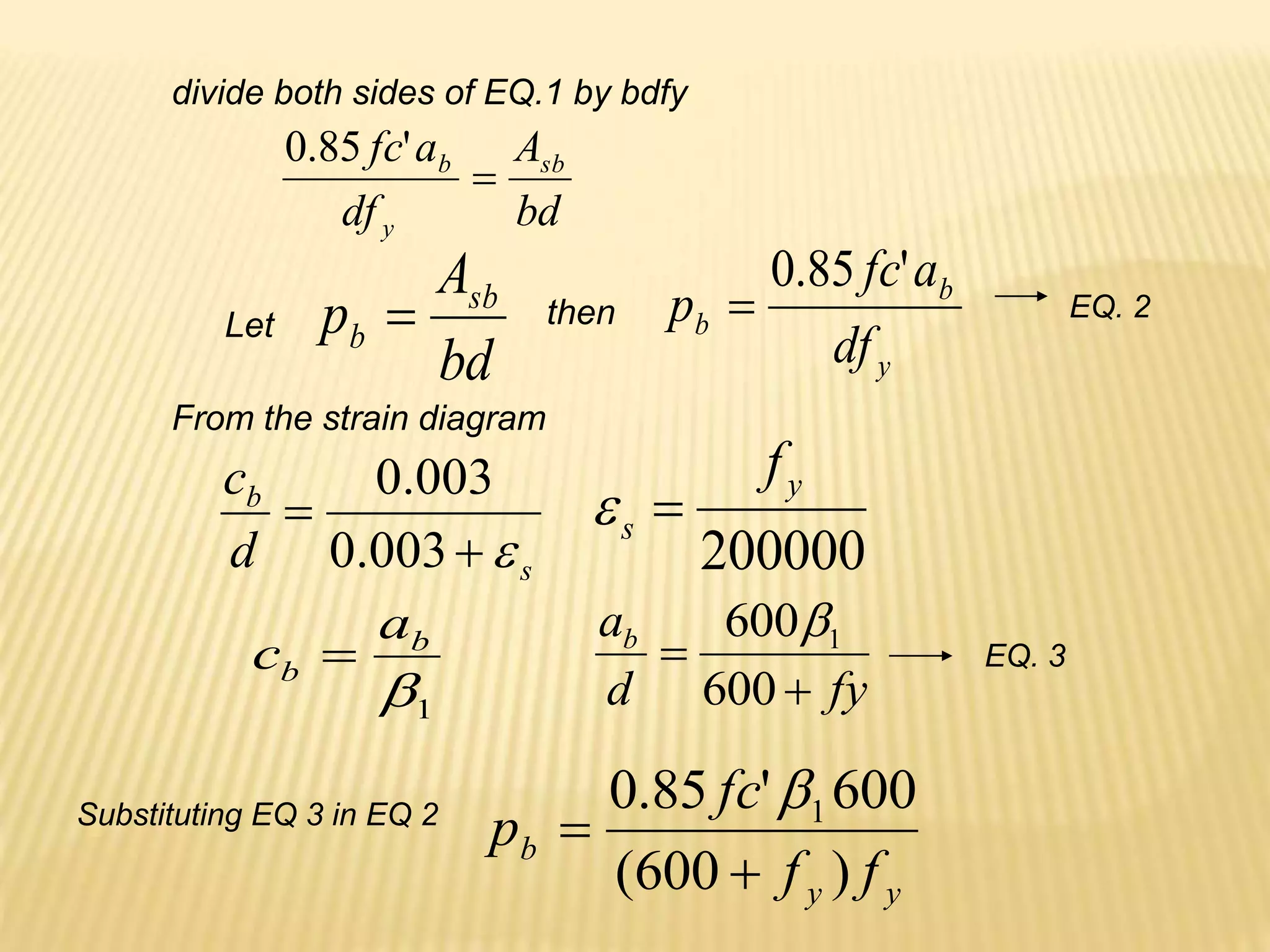 bd
A
df
a
fc sb
y
b

'
85
.
0
divide both sides of EQ.1 by bdfy
Let
bd
A
p sb
b  then
y
b
b
df
a
fc
p
'
85
.
0

s
b
d
c



003
.
0
003
.
0
200000
y
s
f


1

b
b
a
c 
fy
d
ab


600
600 1

From the strain diagram
y
y
b
f
f
fc
p
)
600
(
600
'
85
.
0 1



EQ. 2
EQ. 3
Substituting EQ 3 in EQ 2
 