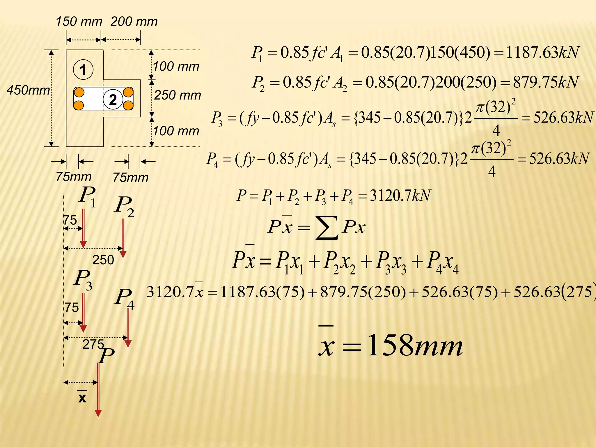 450mm
75mm 75mm
250 mm
100 mm
100 mm
150 mm 200 mm
1
2
75
75
250
275
x
1
P
2
P
3
P
4
P
P
kN
A
fc
P 63
.
1187
)
450
(
150
)
7
.
20
(
85
.
0
'
85
.
0 1
1 


kN
A
fc
P 75
.
879
)
250
(
200
)
7
.
20
(
85
.
0
'
85
.
0 2
2 


kN
A
fc
fy
P s 63
.
526
4
)
32
(
2
)}
7
.
20
(
85
.
0
345
{
)
'
85
.
0
(
2
3 





kN
A
fc
fy
P s 63
.
526
4
)
32
(
2
)}
7
.
20
(
85
.
0
345
{
)
'
85
.
0
(
2
4 





kN
P
P
P
P
P 7
.
3120
4
3
2
1 





 Px
x
P
4
4
3
3
2
2
1
1 x
P
x
P
x
P
x
P
x
P 



 
275
63
.
526
)
75
(
63
.
526
)
250
(
75
.
879
)
75
(
63
.
1187
7
.
3120 



x
mm
x 158

 