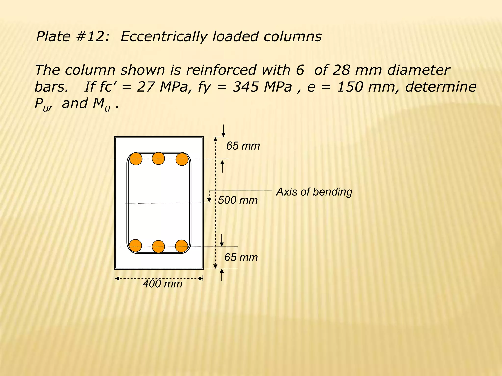 Plate #12: Eccentrically loaded columns
The column shown is reinforced with 6 of 28 mm diameter
bars. If fc’ = 27 MPa, fy = 345 MPa , e = 150 mm, determine
Pu, and Mu .
400 mm
65 mm
65 mm
500 mm
Axis of bending
 