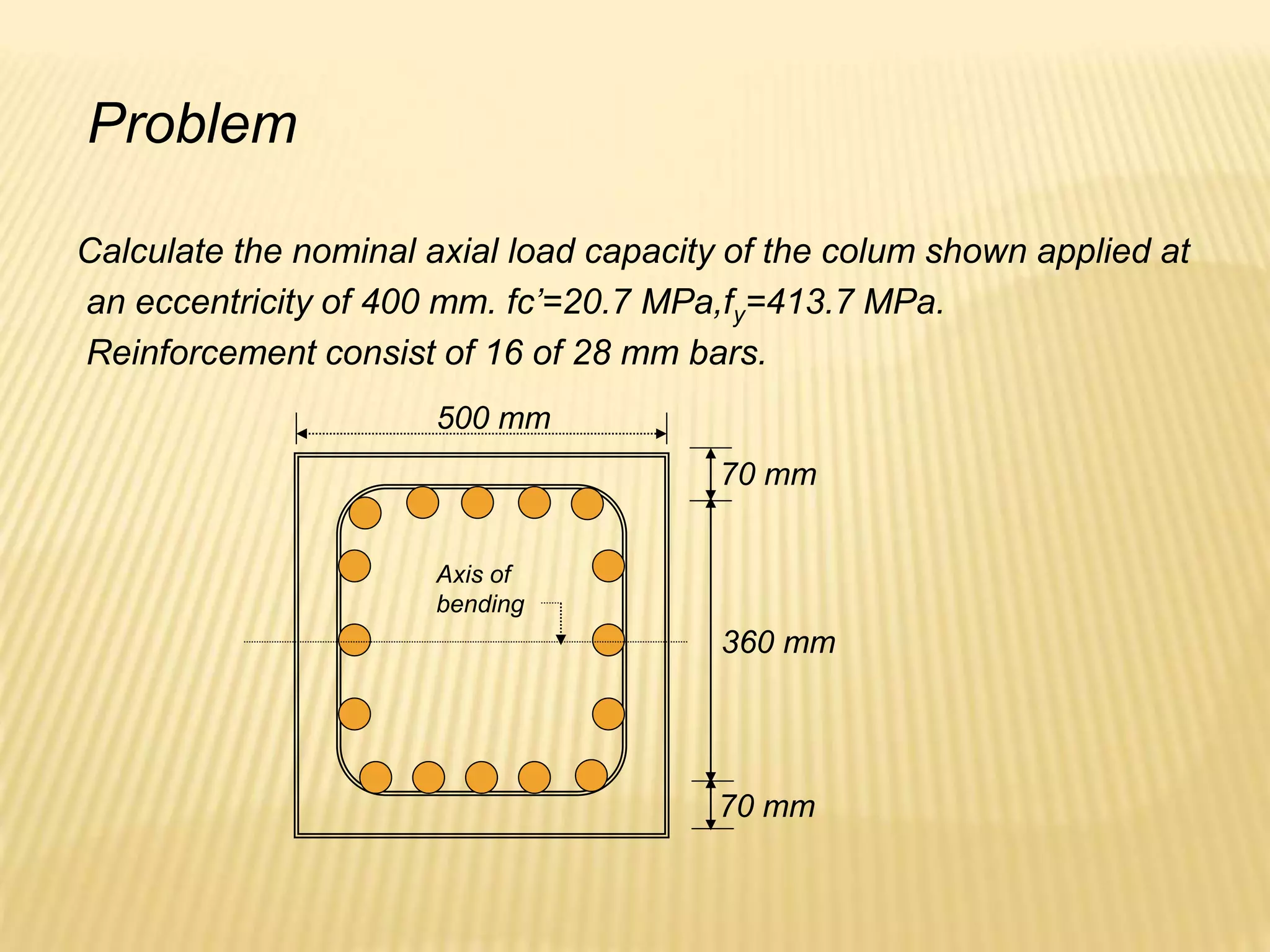 Problem
Calculate the nominal axial load capacity of the colum shown applied at
an eccentricity of 400 mm. fc’=20.7 MPa,fy=413.7 MPa.
Reinforcement consist of 16 of 28 mm bars.
500 mm
70 mm
70 mm
360 mm
Axis of
bending
 