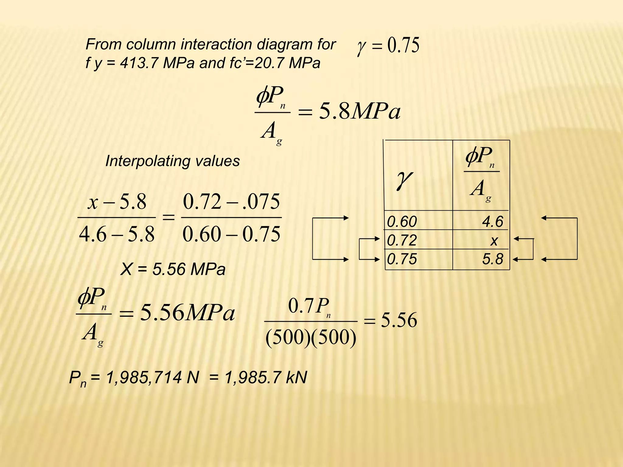 From column interaction diagram for
f y = 413.7 MPa and fc’=20.7 MPa
75
.
0


MPa
A
P
g
n
8
.
5


Interpolating values

0.60 4.6
0.72 x
0.75 5.8
g
n
A
P

75
.
0
60
.
0
075
.
72
.
0
8
.
5
6
.
4
8
.
5





x
X = 5.56 MPa
MPa
A
P
g
n
56
.
5


56
.
5
)
500
)(
500
(
7
.
0

n
P
Pn = 1,985,714 N = 1,985.7 kN
 