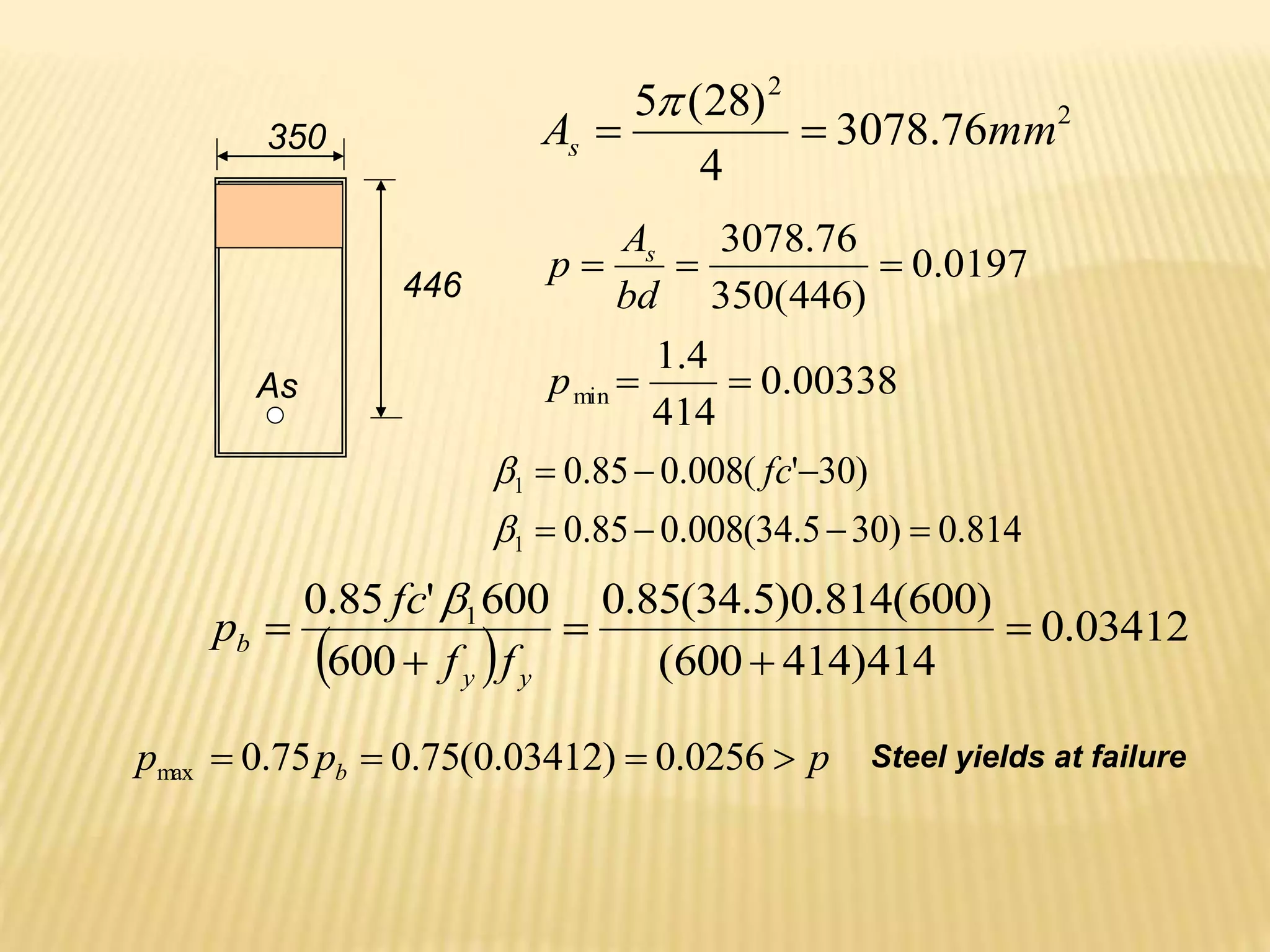 350
446
As
2
2
76
.
3078
4
)
28
(
5
mm
As 


00338
.
0
414
4
.
1
0197
.
0
)
446
(
350
76
.
3078
min 




p
bd
A
p s
814
.
0
)
30
5
.
34
(
008
.
0
85
.
0
)
30
'
(
008
.
0
85
.
0
1
1








 fc
  03412
.
0
414
)
414
600
(
)
600
(
814
.
0
)
5
.
34
(
85
.
0
600
600
'
85
.
0 1





y
y
b
f
f
fc
p

p
p
p b 


 0256
.
0
)
03412
.
0
(
75
.
0
75
.
0
max
Steel yields at failure
 