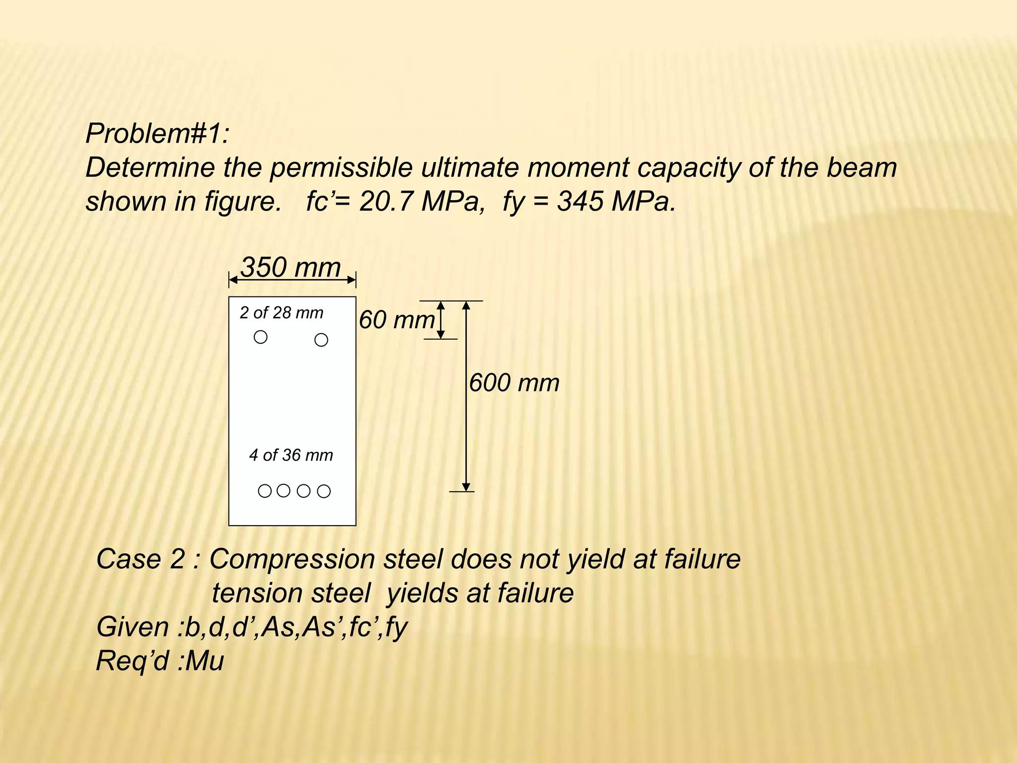 Problem#1:
Determine the permissible ultimate moment capacity of the beam
shown in figure. fc’= 20.7 MPa, fy = 345 MPa.
2 of 28 mm
4 of 36 mm
600 mm
60 mm
350 mm
Case 2 : Compression steel does not yield at failure
tension steel yields at failure
Given :b,d,d’,As,As’,fc’,fy
Req’d :Mu
 