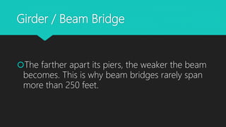 Girder / Beam Bridge
The farther apart its piers, the weaker the beam
becomes. This is why beam bridges rarely span
more than 250 feet.
 