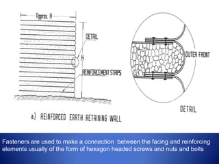 Fasteners are used to make a connection between the facing and reinforcing
elements usually of the form of hexagon headed screws and nuts and bolts
 