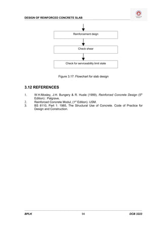 DESIGN OF REINFORCED CONCRETE SLAB




                                  Reinforcement deign




                                       Check shear




                            Check for serviceability limit state



                       Figure 3.17: Flowchart for slab design


3.12 REFERENCES
1.     W.H.Mosley, J.H. Bungery & R. Husle (1999), Reinforced Concrete Design (5th
       Edition) : Palgrave.
2.     Reinforced Concrete Modul, (1st Edition). USM.
3.     BS 8110, Part 1: 1985, The Structural Use of Concrete. Code of Practice for
       Design and Construction.




BPLK                                      94                            DCB 3223
 