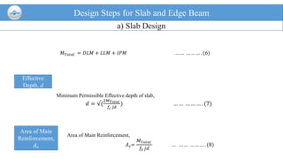 Design Steps for Slab and Edge Beam
a) Slab Design
𝑀 𝑇𝑜𝑡𝑎𝑙 = 𝐷𝐿𝑀 + 𝐿𝐿𝑀 + 𝐼𝑃𝑀 … … … … … . (6)
Effective
Depth, d
Minimum Permissible Effective depth of slab,
𝑑 = √(
2𝑀 𝑇𝑜𝑡𝑎𝑙
𝑓𝑐 𝑗𝑑
) … … … … … . (7)
Area of Main
Reinforcement,
𝐴 𝑠
Area of Main Reinforcement,
𝐴 𝑠=
𝑀 𝑇𝑜𝑡𝑎𝑙
𝑓𝑆 𝑗𝑑
… … … … … … . (8)
 