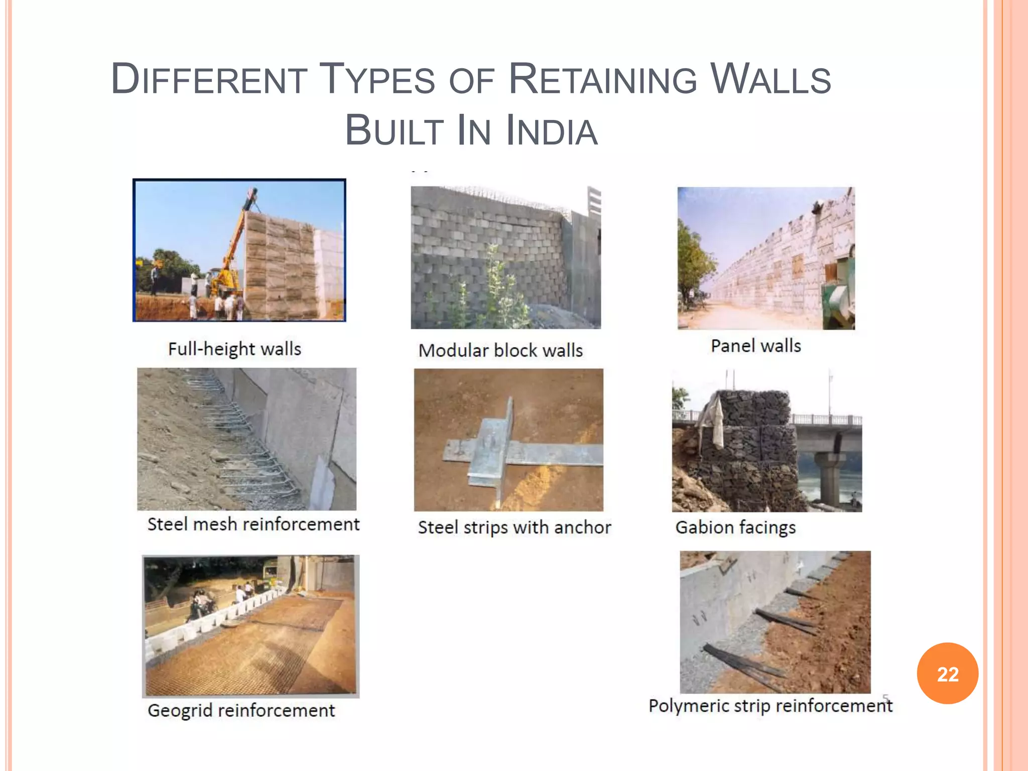 DIFFERENT TYPES OF RETAINING WALLS
BUILT IN INDIA
22
 