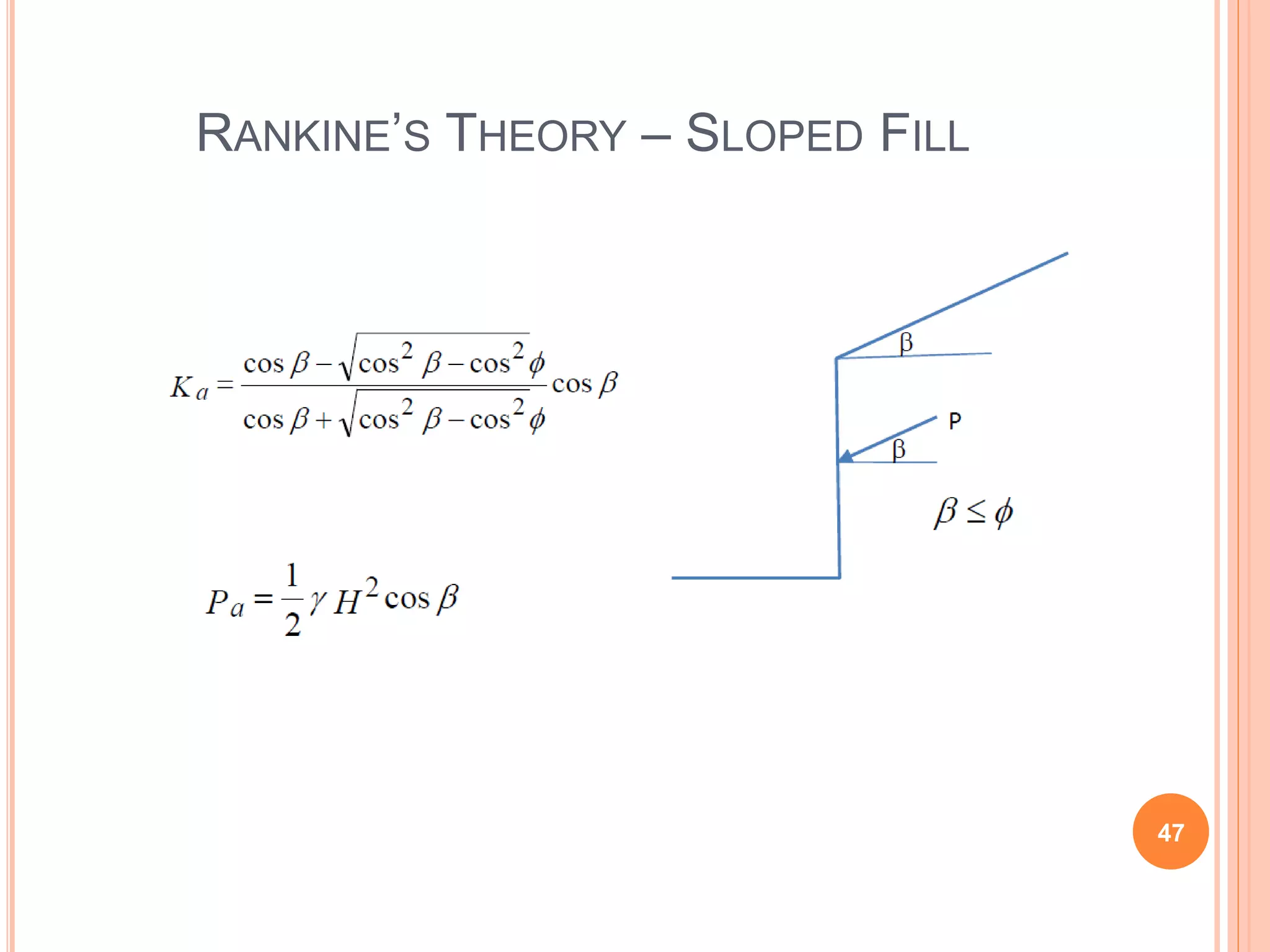 RANKINE’S THEORY – SLOPED FILL
47
 
