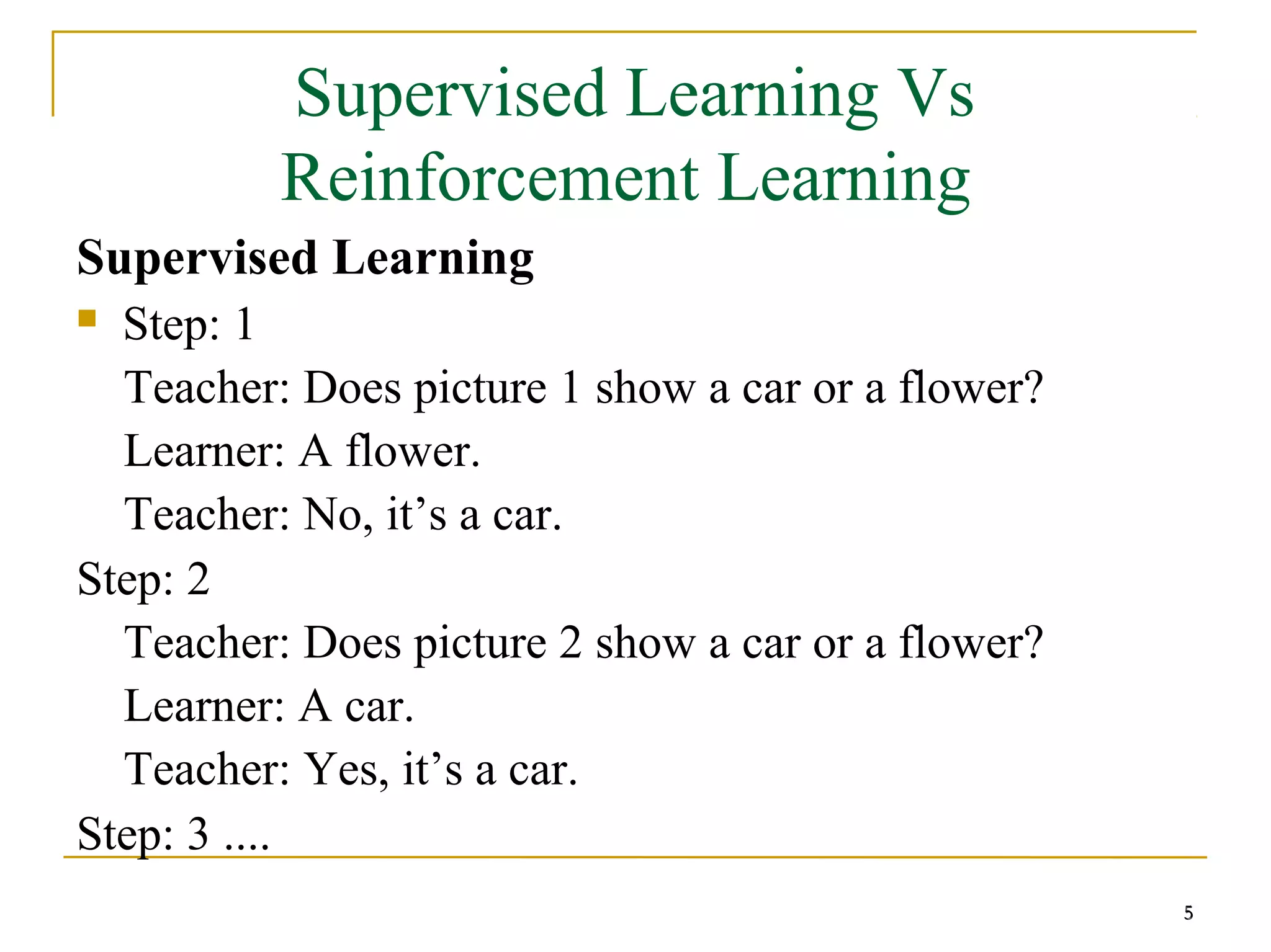 5
Supervised Learning Vs
Reinforcement Learning
Supervised Learning
 Step: 1
Teacher: Does picture 1 show a car or a flower?
Learner: A flower.
Teacher: No, it’s a car.
Step: 2
Teacher: Does picture 2 show a car or a flower?
Learner: A car.
Teacher: Yes, it’s a car.
Step: 3 ....
5
 