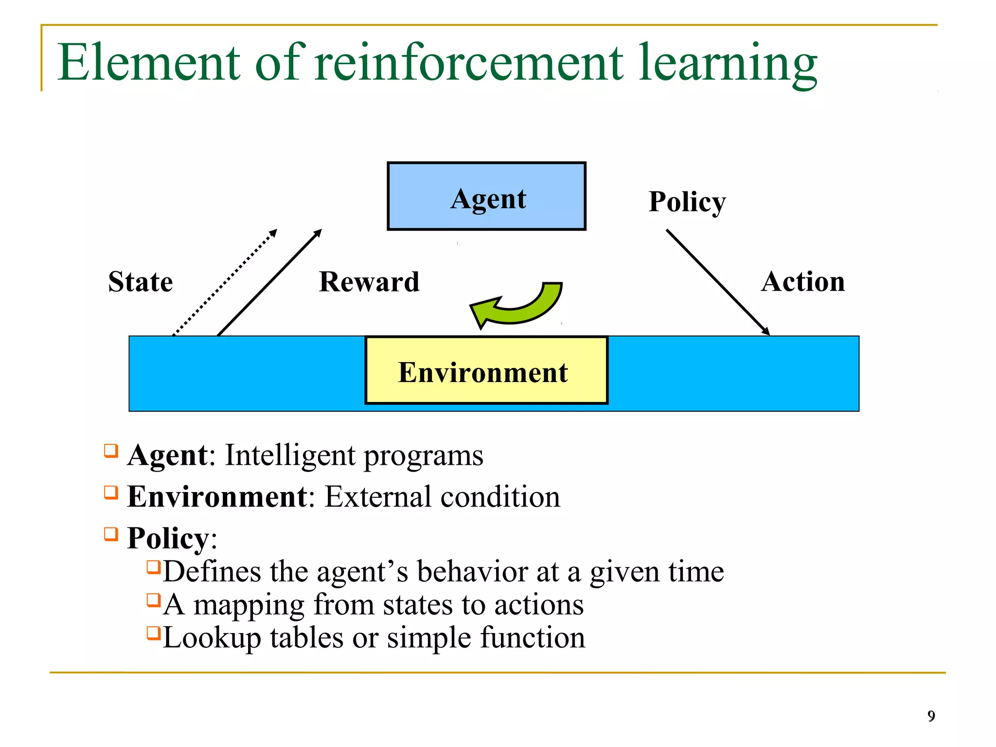 9
9
Element of reinforcement learning
Agent
Environment
State Reward Action
Policy
 Agent: Intelligent programs
 Environment: External condition
 Policy:
Defines the agent’s behavior at a given time
A mapping from states to actions
Lookup tables or simple function
9
 