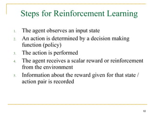 12
12
Steps for Reinforcement Learning
1. The agent observes an input state
2. An action is determined by a decision making
function (policy)
3. The action is performed
4. The agent receives a scalar reward or reinforcement
from the environment
5. Information about the reward given for that state /
action pair is recorded
12
 