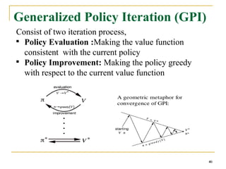 40
Generalized Policy Iteration (GPI)
Consist of two iteration process,

Policy Evaluation :Making the value function
consistent with the current policy

Policy Improvement: Making the policy greedy
with respect to the current value function
40
 