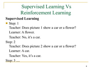 Supervised Learning Vs
Reinforcement Learning
5
Supervised Learning
■ Step: 1
Teacher: Does picture 1 show a car or a flower?
Learner: A flower.
Teacher: No, it’s a car.
Step: 2
Teacher: Does picture 2 show a car or a flower?
Learner: A car.
Teacher: Yes, it’s a car.
Step: 3 ....
 