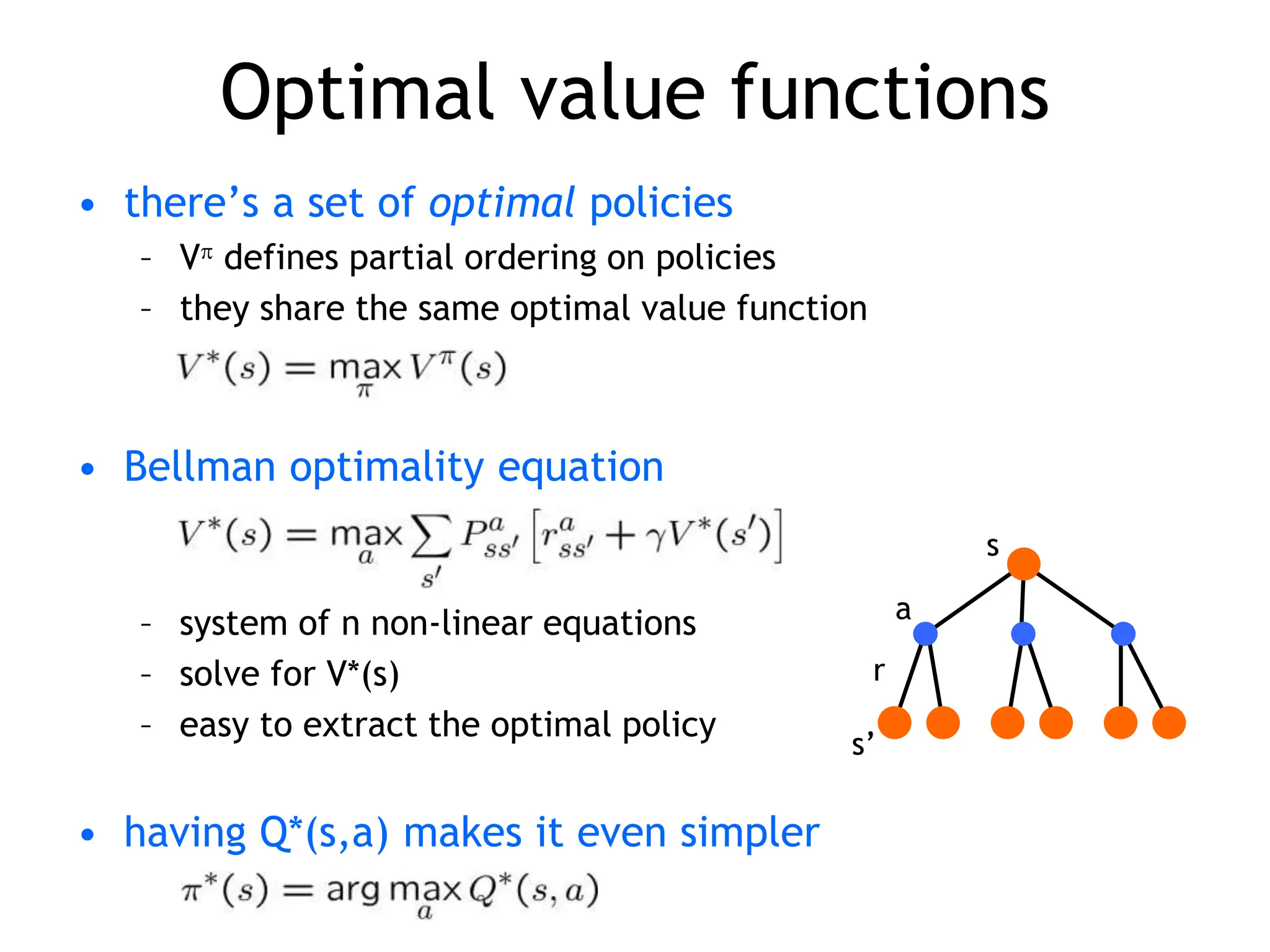 Optimal value functions
• there’s a set of optimal policies
– V defines partial ordering on policies
– they share the same optimal value function
• Bellman optimality equation
– system of n non-linear equations
– solve for V*(s)
– easy to extract the optimal policy
• having Q*(s,a) makes it even simpler
s
a
s’
r
 