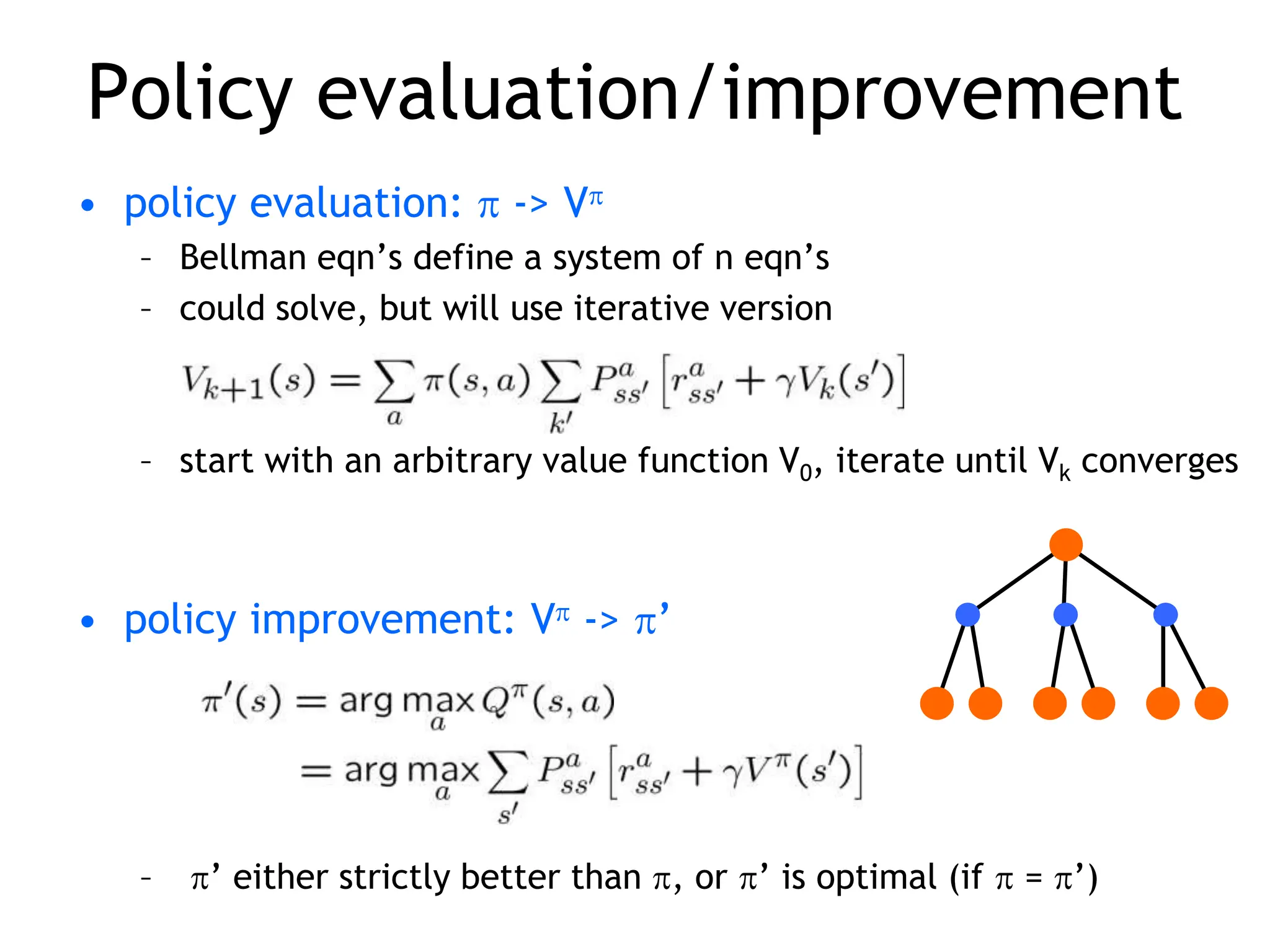 Policy evaluation/improvement
• policy evaluation:  -> V
– Bellman eqn’s define a system of n eqn’s
– could solve, but will use iterative version
– start with an arbitrary value function V0, iterate until Vk converges
• policy improvement: V -> ’
– ’ either strictly better than , or ’ is optimal (if  = ’)
 