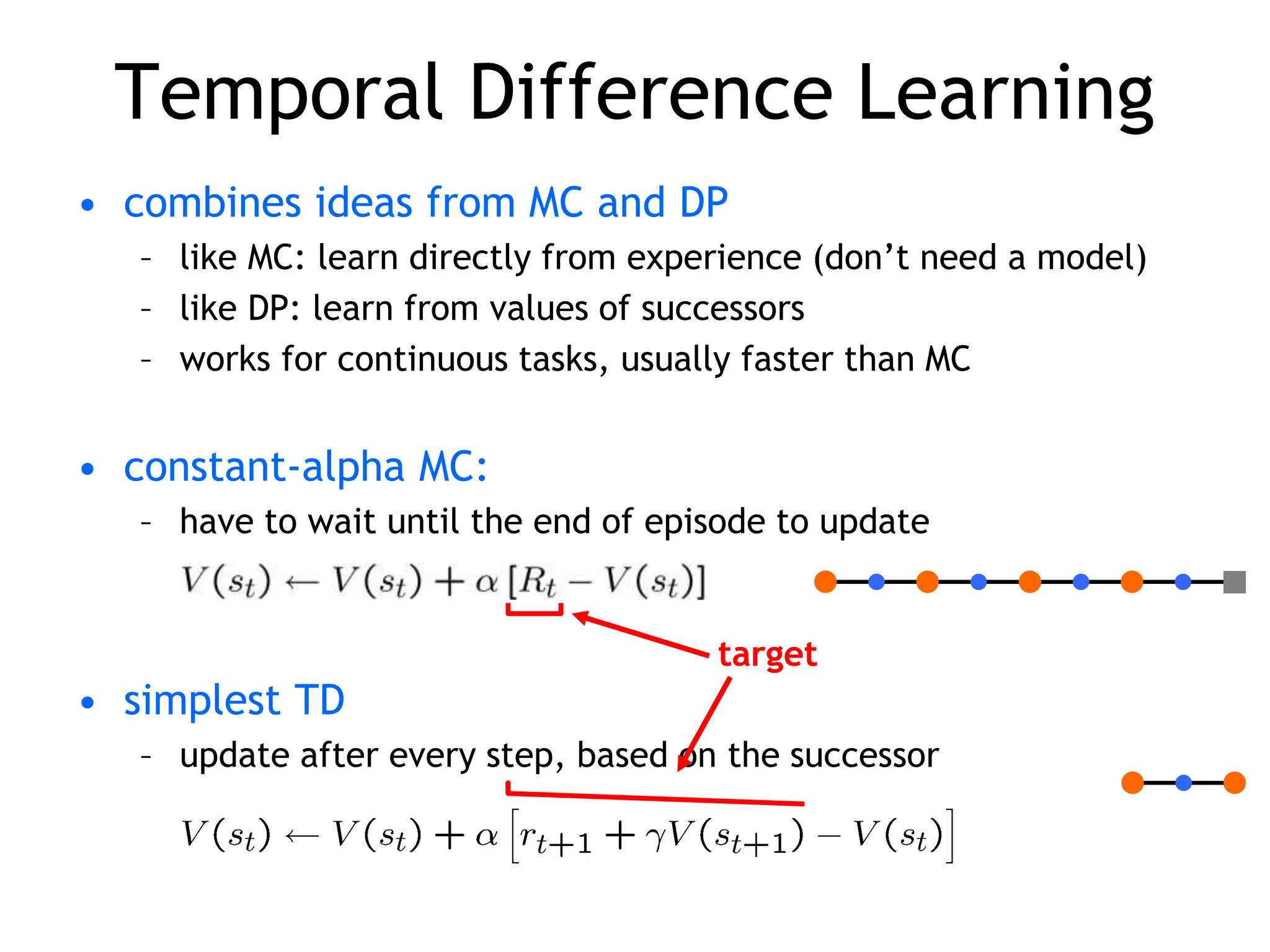 Temporal Difference Learning
• combines ideas from MC and DP
– like MC: learn directly from experience (don’t need a model)
– like DP: learn from values of successors
– works for continuous tasks, usually faster than MC
• constant-alpha MC:
– have to wait until the end of episode to update
• simplest TD
– update after every step, based on the successor
target
 
