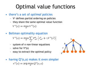 Optimal value functions
• there’s a set of optimal policies
– V defines partial ordering on policies
– they share the same optimal value function
• Bellman optimality equation
– system of n non-linear equations
– solve for V*(s)
– easy to extract the optimal policy
• having Q*(s,a) makes it even simpler
s
a
s’
r
 