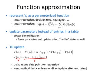 Function approximation
• represent Vt as a parameterized function
– linear regression, decision tree, neural net, …
– linear regression:
• update parameters instead of entries in a table
– better generalization
• fewer parameters and updates affect “similar” states as well
• TD update
– treat as one data point for regression
– want method that can learn on-line (update after each step)
x y
 