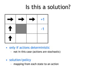 Is this a solution?
+1
-1
• only if actions deterministic
– not in this case (actions are stochastic)
• solution/policy
– mapping from each state to an action
 