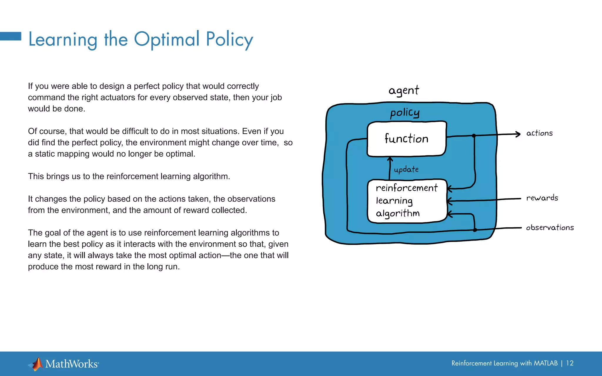 Reinforcement Learning with MATLAB | 12
Learning the Optimal Policy
If you were able to design a perfect policy that would correctly
command the right actuators for every observed state, then your job
would be done.
Of course, that would be difficult to do in most situations. Even if you
did find the perfect policy, the environment might change over time, so
a static mapping would no longer be optimal.
This brings us to the reinforcement learning algorithm.
It changes the policy based on the actions taken, the observations
from the environment, and the amount of reward collected.
The goal of the agent is to use reinforcement learning algorithms to
learn the best policy as it interacts with the environment so that, given
any state, it will always take the most optimal action—the one that will
produce the most reward in the long run.
 