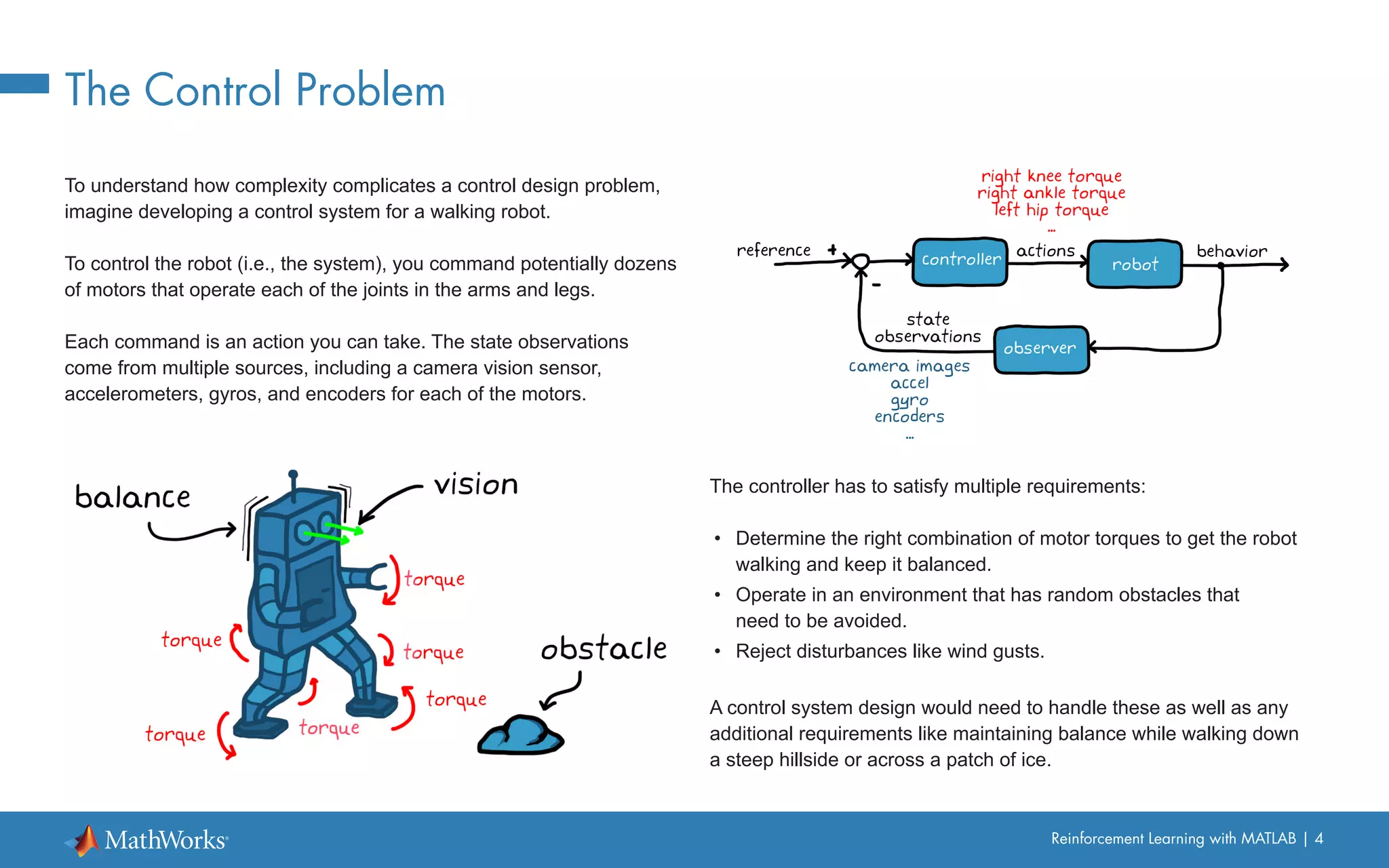 Reinforcement Learning with MATLAB | 4
The Control Problem
To understand how complexity complicates a control design problem,
imagine developing a control system for a walking robot.
To control the robot (i.e., the system), you command potentially dozens
of motors that operate each of the joints in the arms and legs.
Each command is an action you can take. The state observations
come from multiple sources, including a camera vision sensor,
accelerometers, gyros, and encoders for each of the motors.
The controller has to satisfy multiple requirements:
•	 Determine the right combination of motor torques to get the robot
walking and keep it balanced.
•	 Operate in an environment that has random obstacles that
need to be avoided.
•	 Reject disturbances like wind gusts.
A control system design would need to handle these as well as any
additional requirements like maintaining balance while walking down
a steep hillside or across a patch of ice.
 