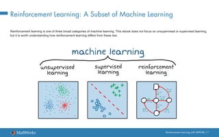 Reinforcement Learning with MATLAB | 7
Reinforcement Learning: A Subset of Machine Learning
Reinforcement learning is one of three broad categories of machine learning. This ebook does not focus on unsupervised or supervised learning,
but it is worth understanding how reinforcement learning differs from these two.
 