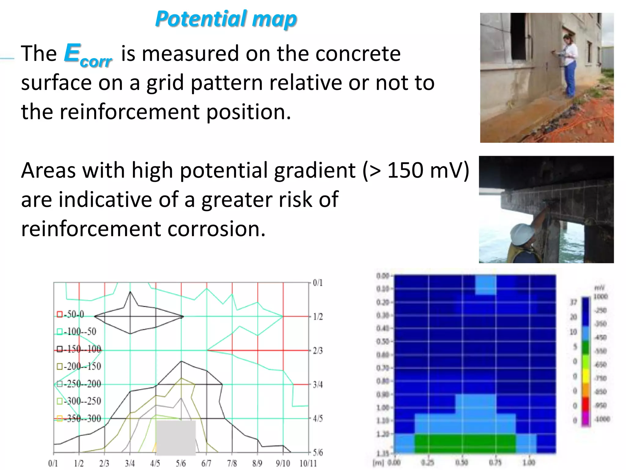 Potential map
The Ecorr is measured on the concrete
surface on a grid pattern relative or not to
the reinforcement position.
Areas with high potential gradient (> 150 mV)
are indicative of a greater risk of
reinforcement corrosion.
 