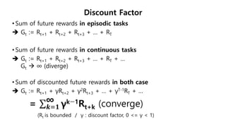 Discount Factor
• Sum of future rewards in episodic tasks
 Gt := Rt+1 + Rt+2 + Rt+3 + … + RT
• Sum of future rewards in continuous tasks
 Gt := Rt+1 + Rt+2 + Rt+3 + … + RT + …
Gt  ∞ (diverge)
• Sum of discounted future rewards in both case
 Gt := Rt+1 + γRt+2 + γ2Rt+3 + … + γT-1RT + …
= γk−1Rt+k
∞
𝒌=𝟏 (converge)
(Rt is bounded / γ : discount factor, 0 <= γ < 1)
 