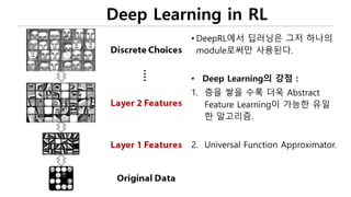 Deep Learning in RL
• DeepRL에서 딥러닝은 그저 하나의
module로써만 사용된다.
• Deep Learning의 강점 :
1. 층을 쌓을 수록 더욱 Abstract
Feature Learning이 가능한 유일
한 알고리즘.
2. Universal Function Approximator.
 
