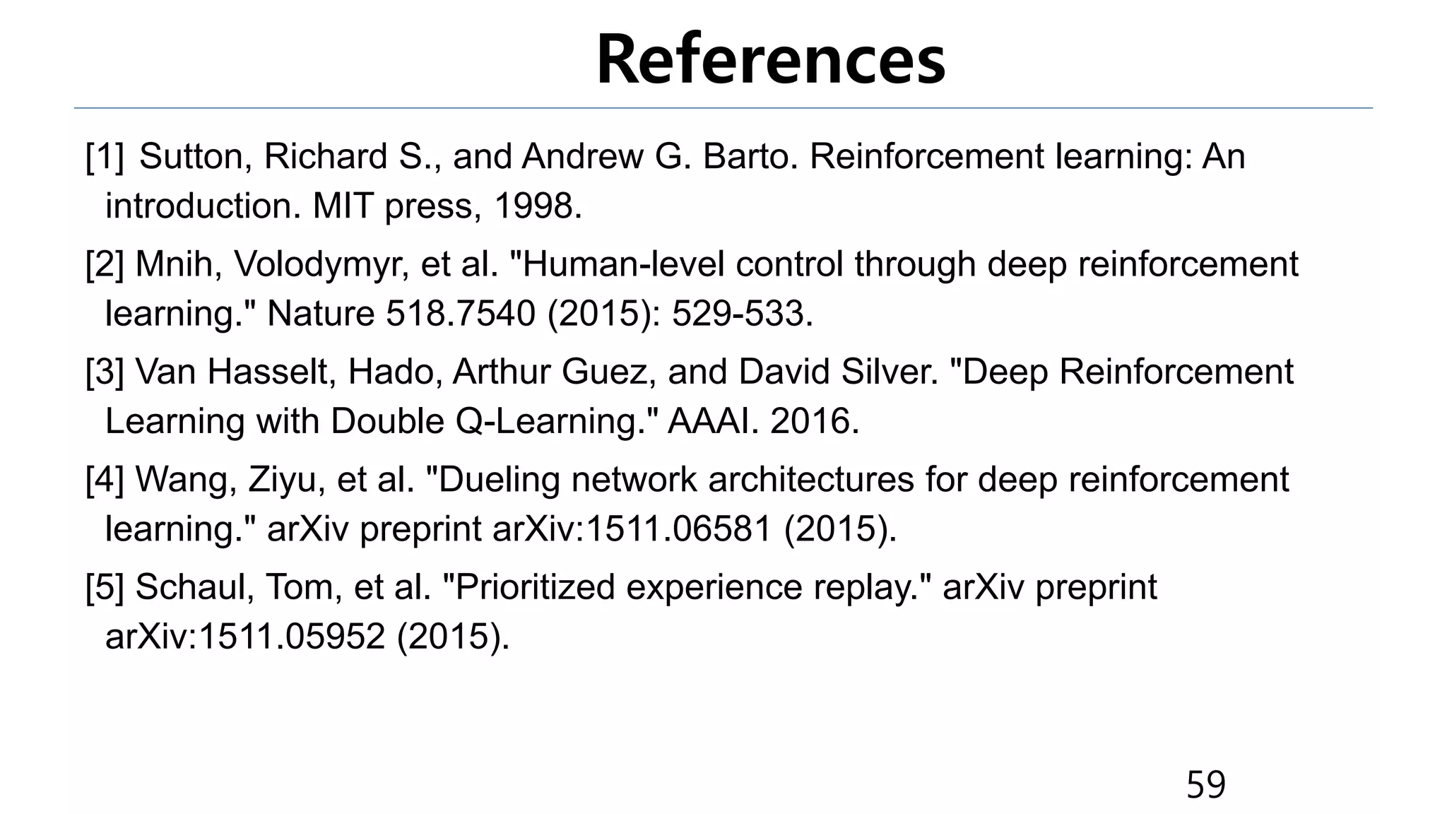 References
[1] Sutton, Richard S., and Andrew G. Barto. Reinforcement learning: An
introduction. MIT press, 1998.
[2] Mnih, Volodymyr, et al. "Human-level control through deep reinforcement
learning." Nature 518.7540 (2015): 529-533.
[3] Van Hasselt, Hado, Arthur Guez, and David Silver. "Deep Reinforcement
Learning with Double Q-Learning." AAAI. 2016.
[4] Wang, Ziyu, et al. "Dueling network architectures for deep reinforcement
learning." arXiv preprint arXiv:1511.06581 (2015).
[5] Schaul, Tom, et al. "Prioritized experience replay." arXiv preprint
arXiv:1511.05952 (2015).
59
 
