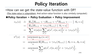 Policy Iteration
•How can we get the state-value function with DP?
(The state-value is subproblem. And action-value function is also similarly computed.)
Policy Iteration = Policy Evaluation + Policy Improvement
30
 