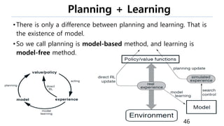 Planning + Learning
•There is only a difference between planning and learning. That is
the existence of model.
•So we call planning is model-based method, and learning is
model-free method.
46
 