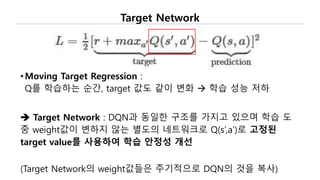 Target Network
• Moving Target Regression :
Q를 학습하는 순간, target 값도 같이 변화  학습 성능 저하
 Target Network : DQN과 동일한 구조를 가지고 있으며 학습 도
중 weight값이 변하지 않는 별도의 네트워크로 Q(s’,a’)로 고정된
target value를 사용하여 학습 안정성 개선
(Target Network의 weight값들은 주기적으로 DQN의 것을 복사)
 