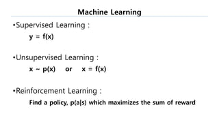 •Supervised Learning :
y = f(x)
•Unsupervised Learning :
x ~ p(x) or x = f(x)
•Reinforcement Learning :
Find a policy, p(a|s) which maximizes the sum of reward
Machine Learning
 