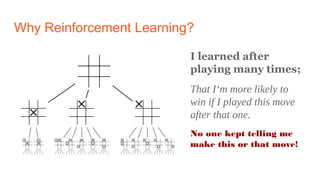 Why Reinforcement Learning?
I learned after
playing many times;
That I‘m more likely to
win if I played this move
after th...