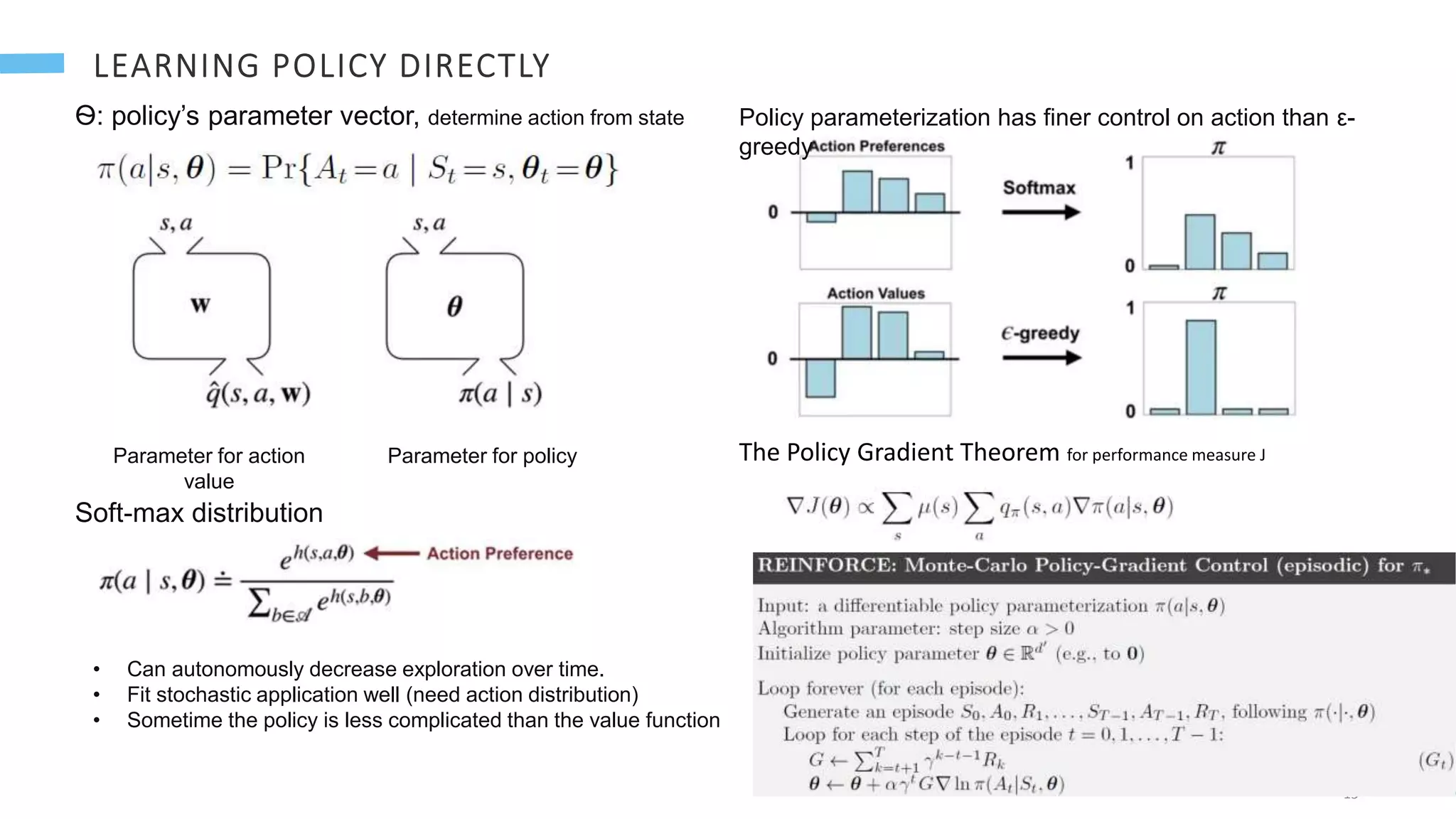 15
Ѳ: policy’s parameter vector, determine action from state
Parameter for action
value
Parameter for policy
Soft-max distribution
Policy parameterization has finer control on action than ε-
greedy
• Can autonomously decrease exploration over time.
• Fit stochastic application well (need action distribution)
• Sometime the policy is less complicated than the value function
The Policy Gradient Theorem for performance measure J
 