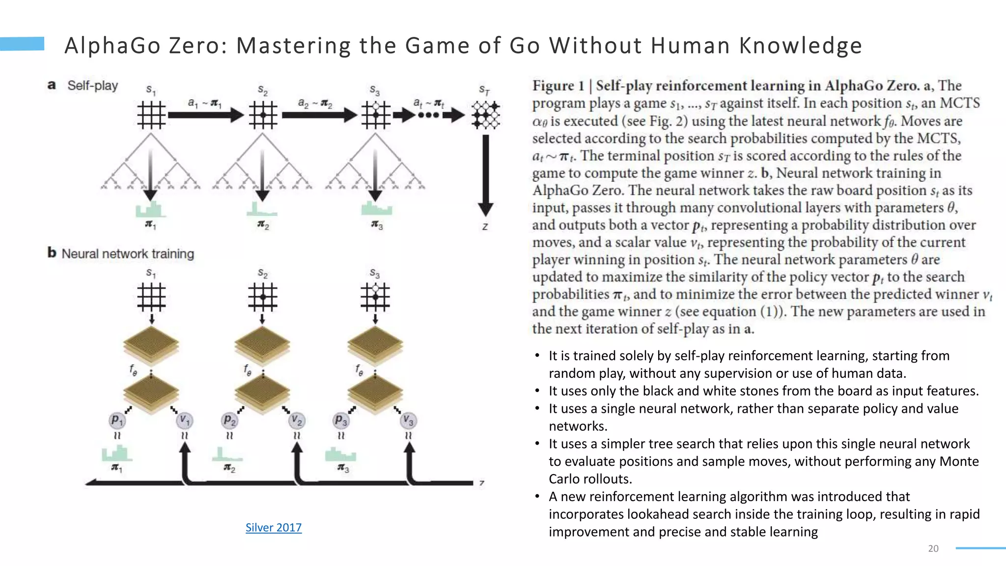 20
Silver 2017
• It is trained solely by self-play reinforcement learning, starting from
random play, without any supervision or use of human data.
• It uses only the black and white stones from the board as input features.
• It uses a single neural network, rather than separate policy and value
networks.
• It uses a simpler tree search that relies upon this single neural network
to evaluate positions and sample moves, without performing any Monte
Carlo rollouts.
• A new reinforcement learning algorithm was introduced that
incorporates lookahead search inside the training loop, resulting in rapid
improvement and precise and stable learning
 