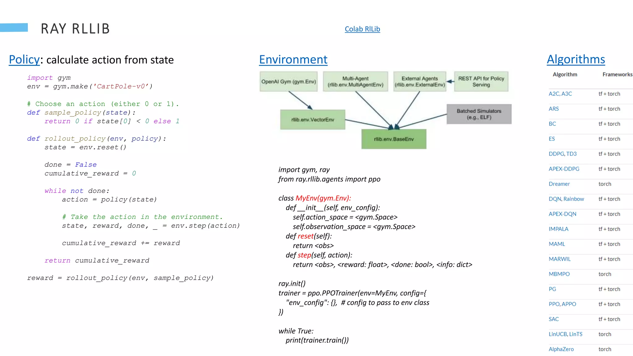 25
Policy: calculate action from state
Colab RlLib
Environment
import gym
env = gym.make('CartPole-v0’)
# Choose an action (either 0 or 1).
def sample_policy(state):
return 0 if state[0] < 0 else 1
def rollout_policy(env, policy):
state = env.reset()
done = False
cumulative_reward = 0
while not done:
action = policy(state)
# Take the action in the environment.
state, reward, done, _ = env.step(action)
cumulative_reward += reward
return cumulative_reward
reward = rollout_policy(env, sample_policy)
import gym, ray
from ray.rllib.agents import ppo
class MyEnv(gym.Env):
def __init__(self, env_config):
self.action_space = <gym.Space>
self.observation_space = <gym.Space>
def reset(self):
return <obs>
def step(self, action):
return <obs>, <reward: float>, <done: bool>, <info: dict>
ray.init()
trainer = ppo.PPOTrainer(env=MyEnv, config={
"env_config": {}, # config to pass to env class
})
while True:
print(trainer.train())
Algorithms
 